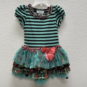 Bonnie Jean Little Girls 2T Dress Green Striped Ruffle Tiered Polka Dot Floral